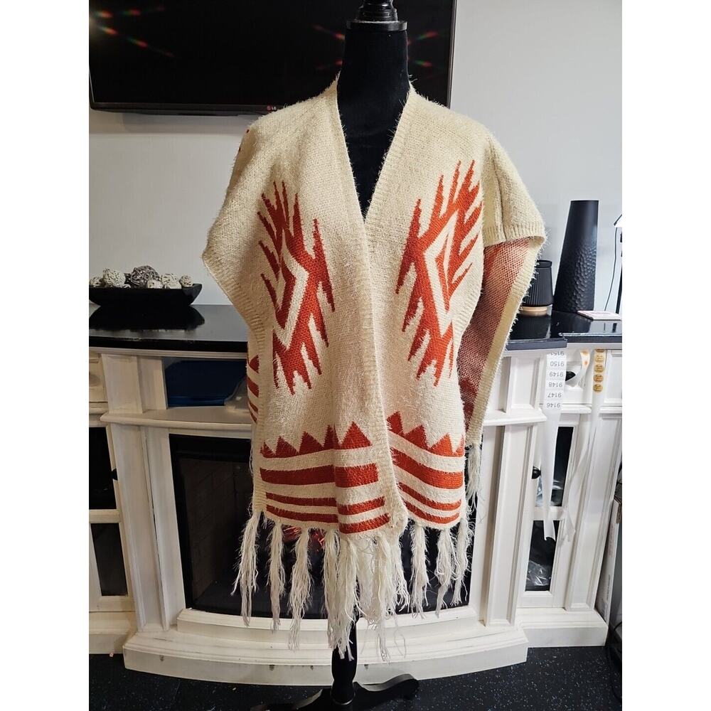 Bay Sky Poncho Sweater Womens One Size Aztec Print Fringe Cowgirl